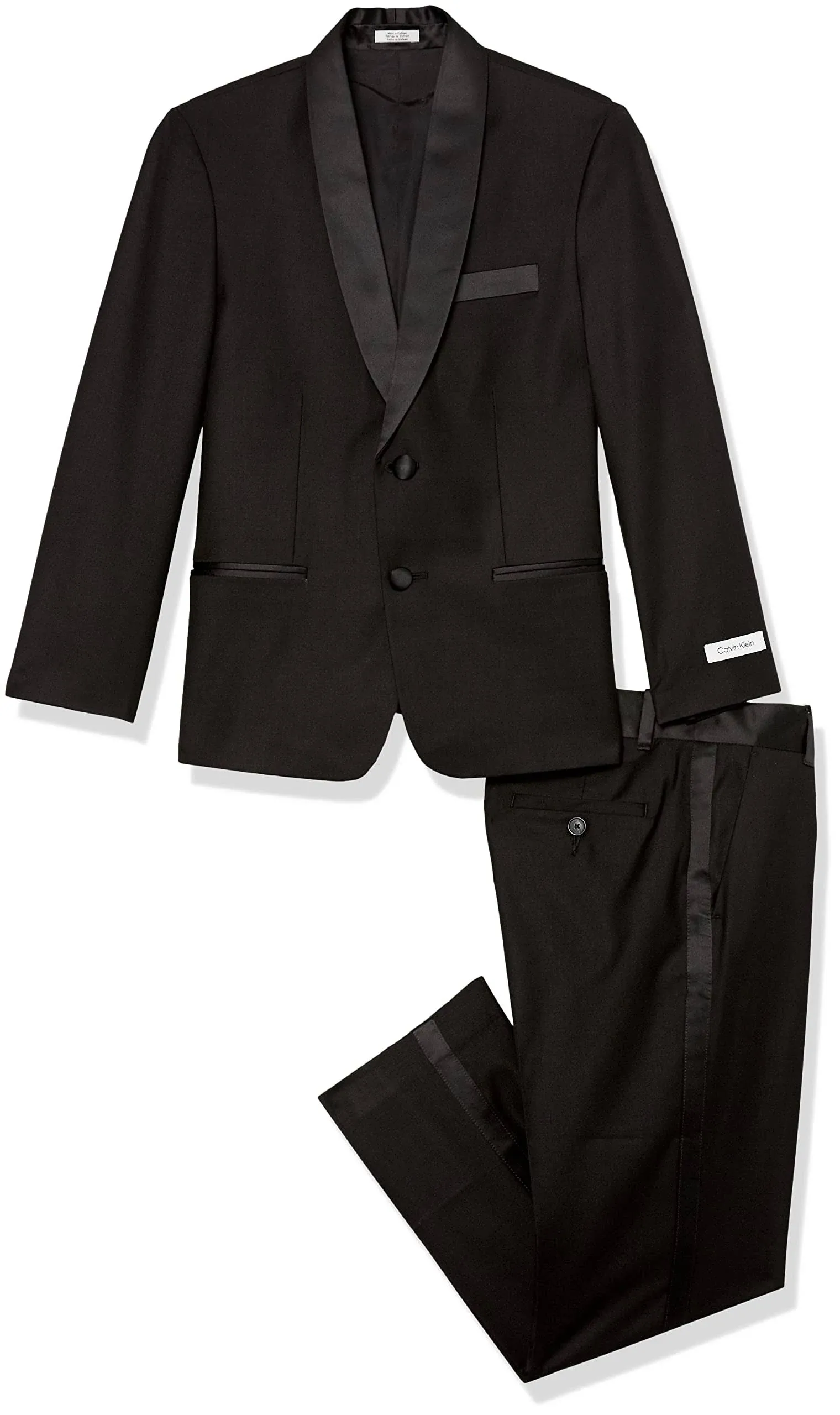 Calvin Klein Boys' 2-Piece Formal Tuxedo Suit Set, Includes Jacket & Dress Pants, Satin Trim Detailing & Functional Pockets