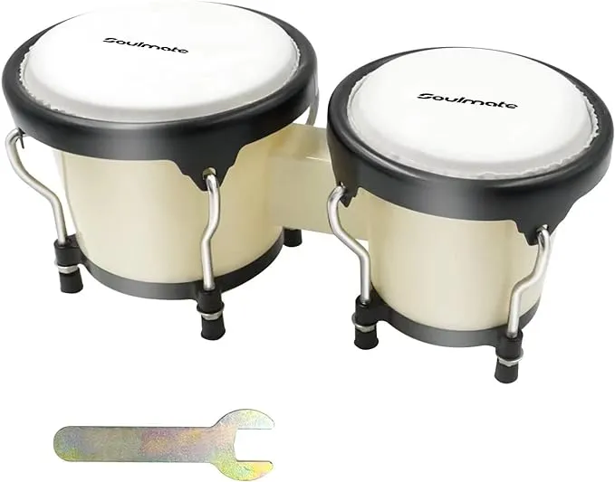 Soulmate Bongo Drums 4” and 5” Set for Kids Beginners Adults Transparent Percussion Bongos Drum with Tuning Wrench,Natural Finish(White Bongos)