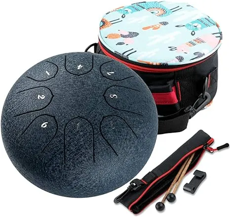 Steel Tongue Drum Musical Instrument, 6 Inch 8 Notes Steel Drums Set C Major Hand Pan Meditation Drum Instruments with Music Book, Bag, Mallets for Adults Beginners - Black