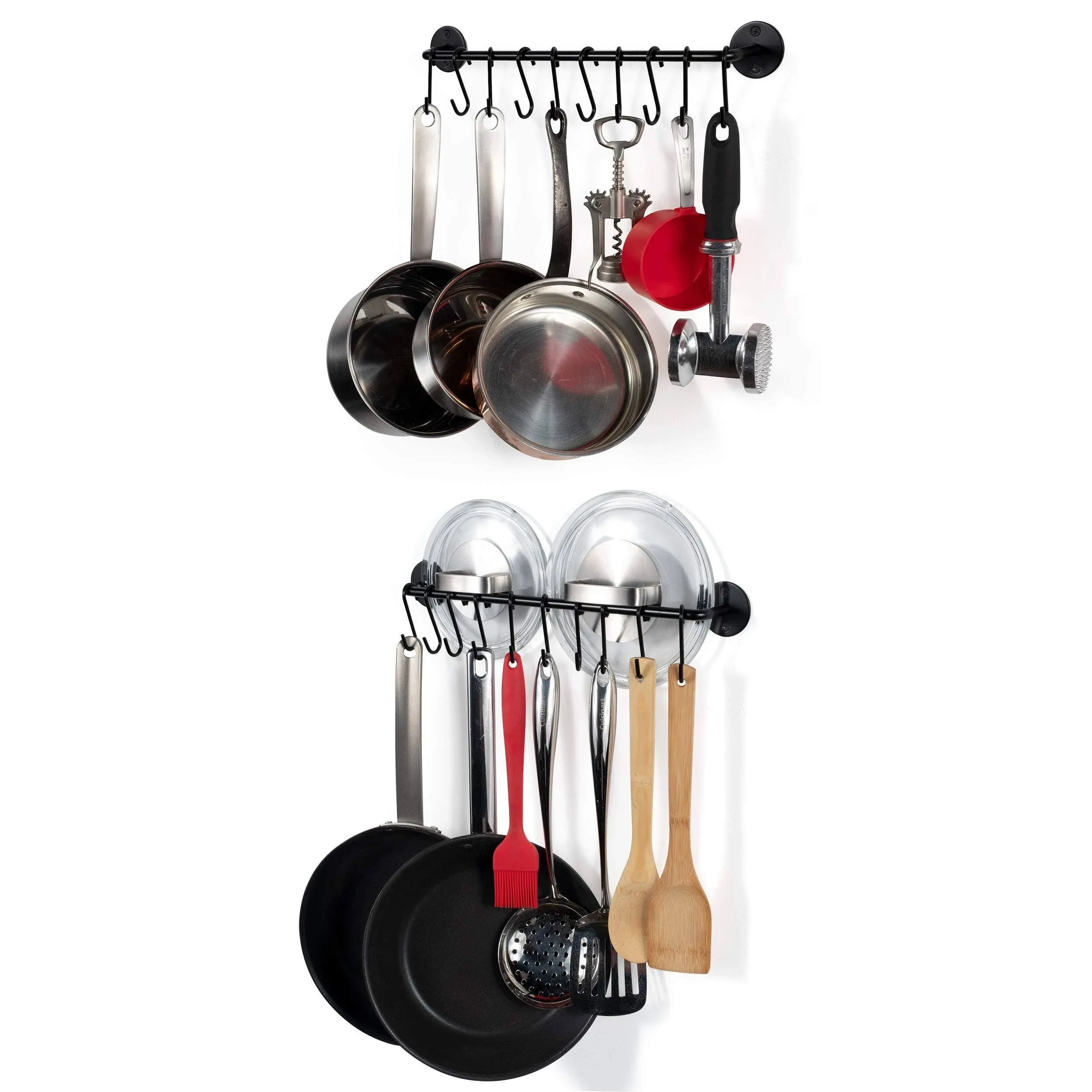 Wallniture Cucina 16" Wall Mount Kitchen Utensil Holder with 10 S Hooks for Hanging Pots and Pans and Lid Organizer, Set of 2, Black