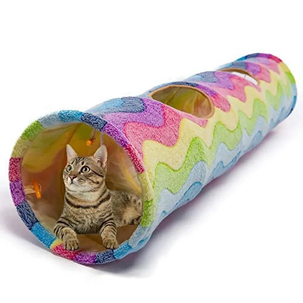 LUCKITTY Cat Tunnel -Straight-Shaped, Rainbow Wave Color, Soft Velvet Exterior, Oxford Fabric Fog-Proof Interior, Plush Toy Ball, Easily Washable, Conveniently Foldable, 47.2in/120cm