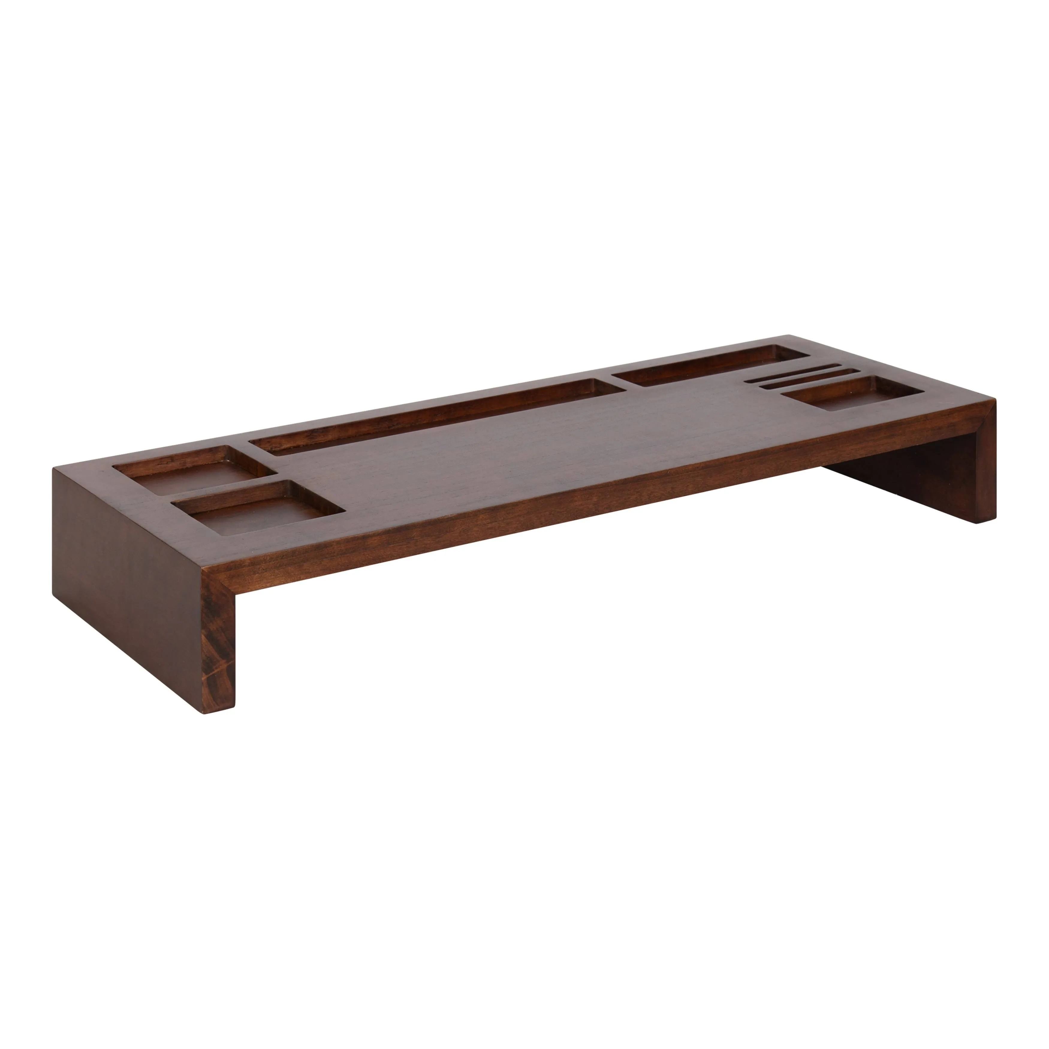 Kate and Laurel Briggs Mid-Century Wood Monitor Stand Desktop Organizer, 26x10.5x4, Walnut Brown, Modern Desk Organizer for Keyboard and Office Supplies