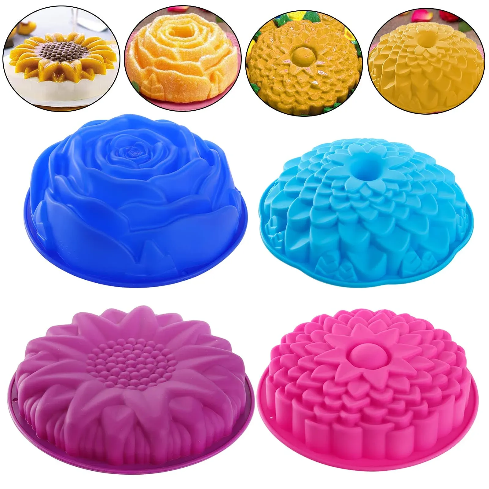 DEAYOU 4 Pack Flower Silicone Cake Molds Pie Flan Tart Baking Pan Silicone Ba...