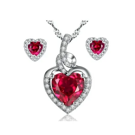 Devuggo 925 Sterling Silver Heart Pendant Necklace Ruby Gemstone Stud Earrings Jewelry Set for Women