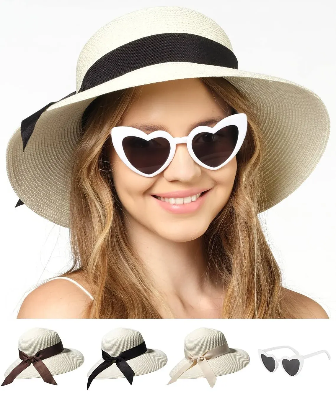 Funcredible Beach Hats for Women - Panama Straw Sun Hat with Heart Shape Glasses