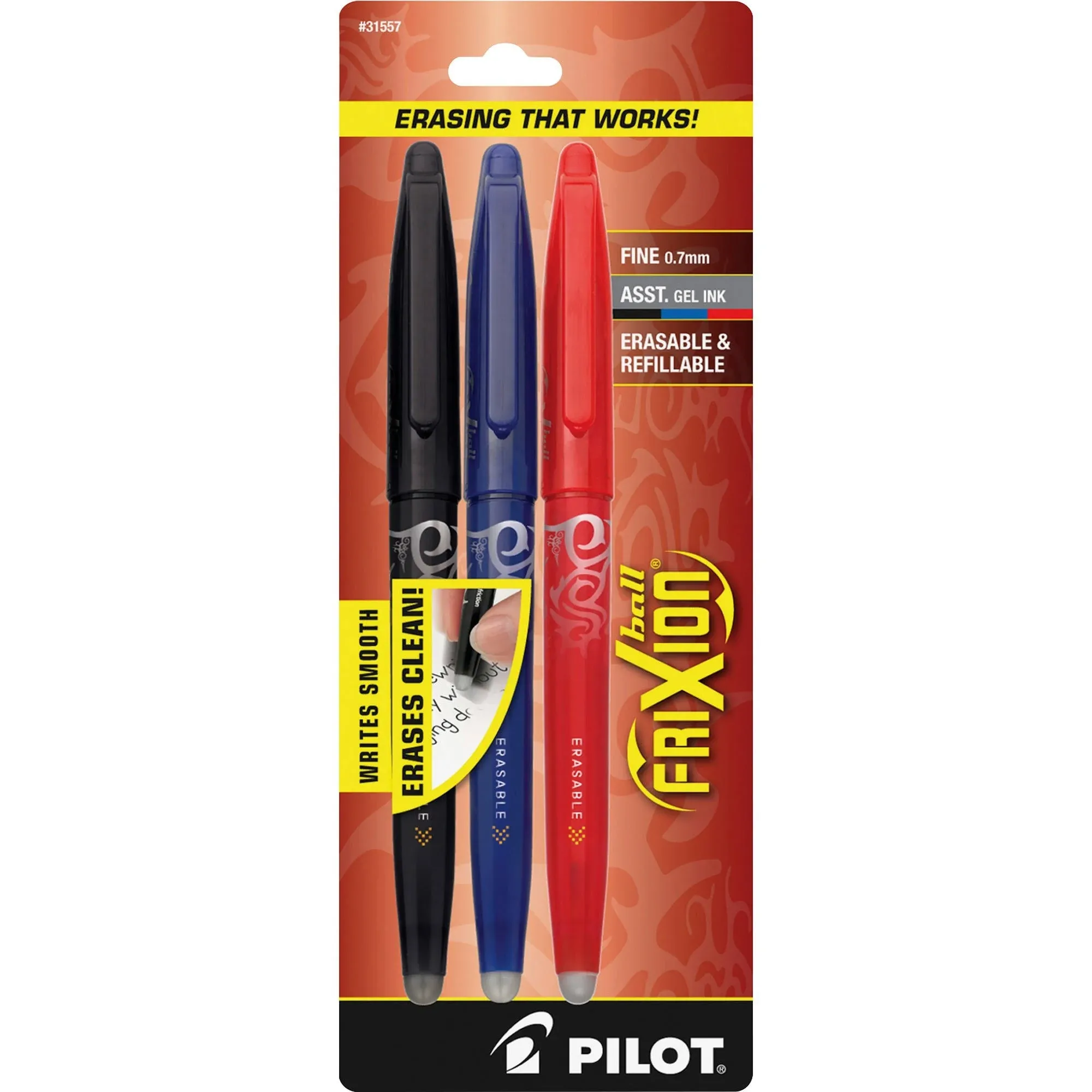 Pilot, FriXion Ball Erasable & Refillable Gel Ink Pens, Fine Point 0.7 mm, Pack of 3, Black, Blue, & Red