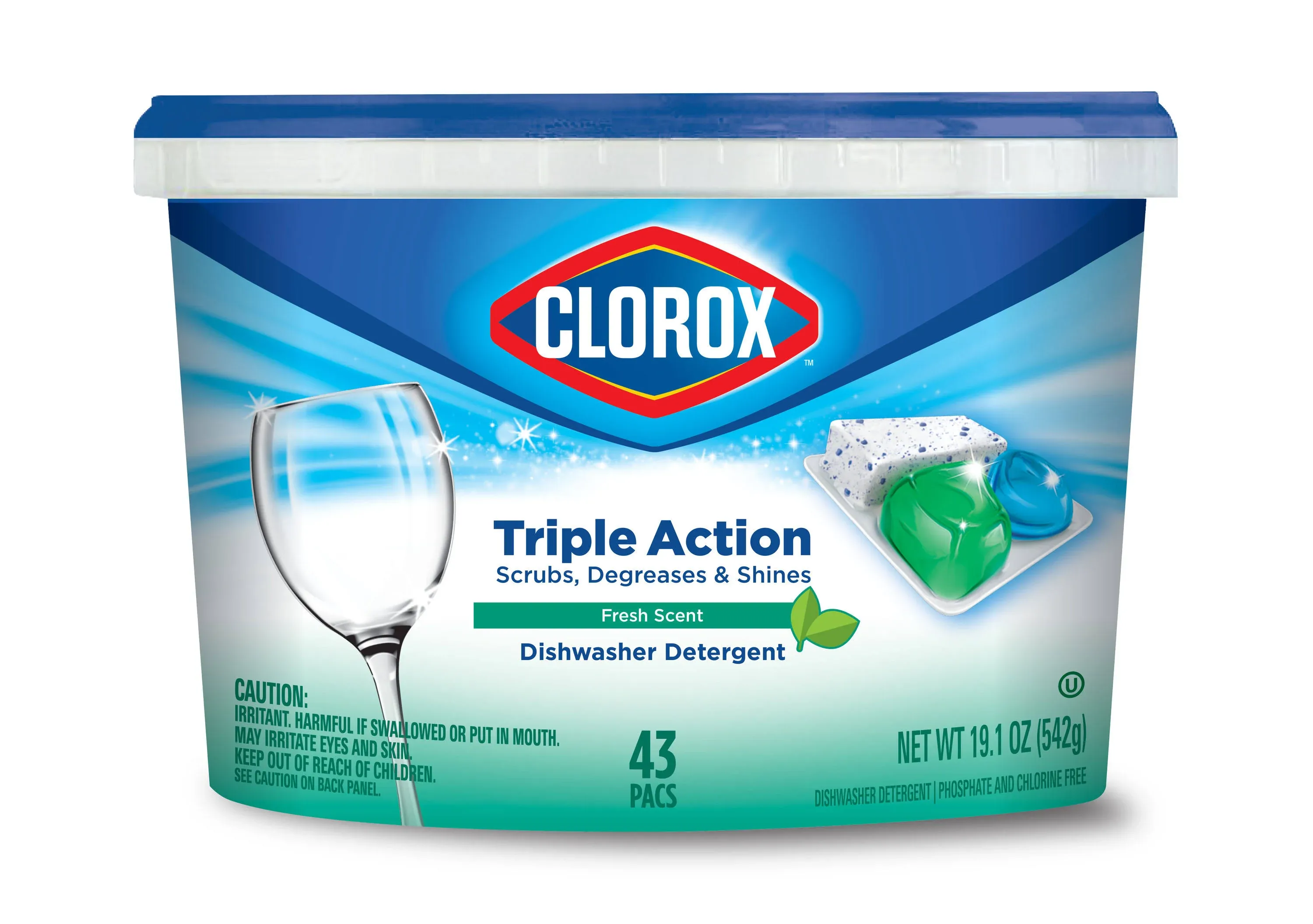 Clorox Dishwasher Detergent, Triple Action, Fresh Scent, Pacs - 43 pacs, 19.1 oz