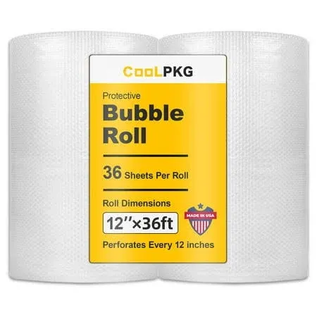 2-Pack Bubble Cushioning Wrap Rolls 3/16" Air Bubble 12 inch x 72 Feet Total Perforated Every 12" 20 Fragile Stickers Included