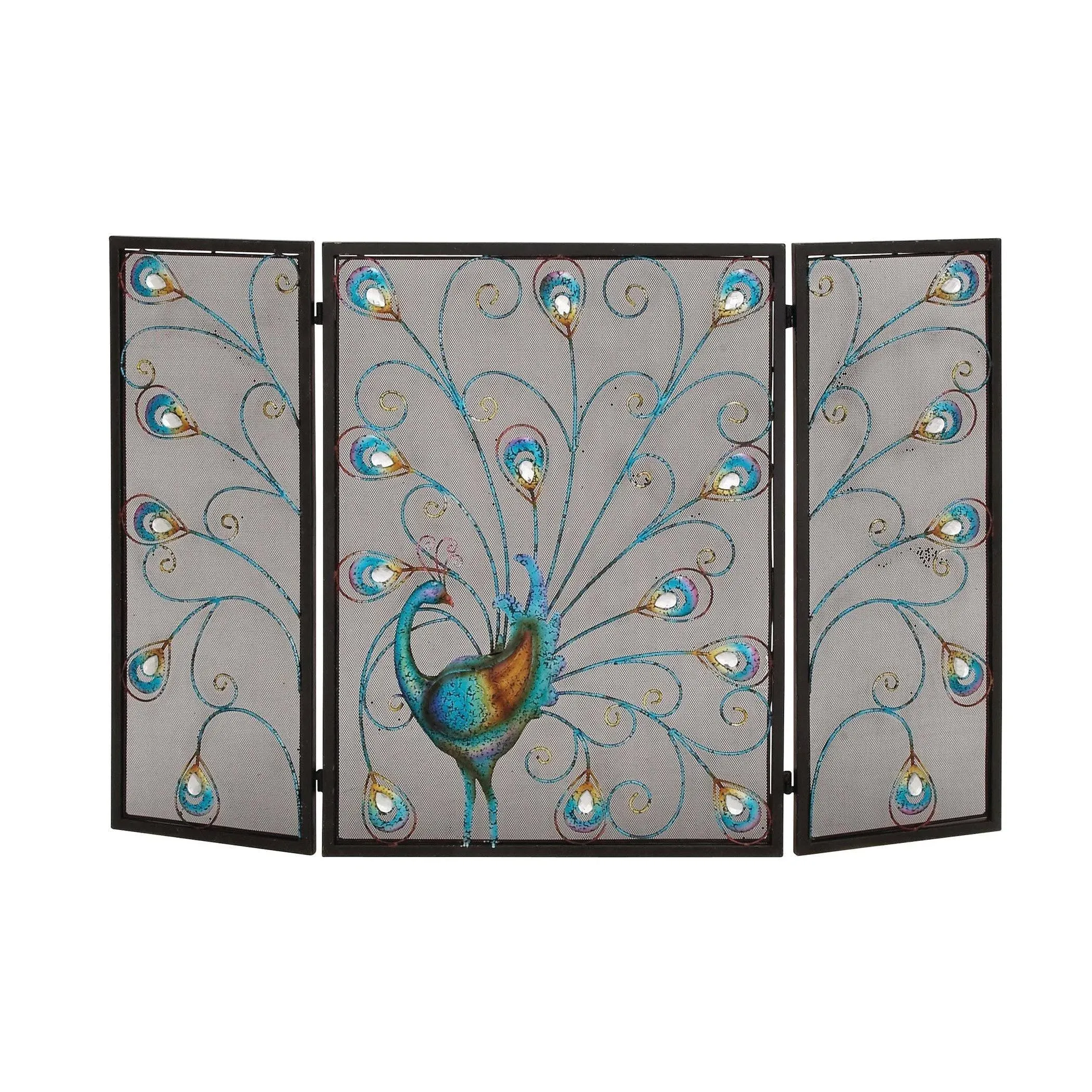 Deco 79 Metal Peacock Fireplace Screen Rainbow 3 Panel with Crystal Accents and Black Frame, 48" x 1" x 32", Blue