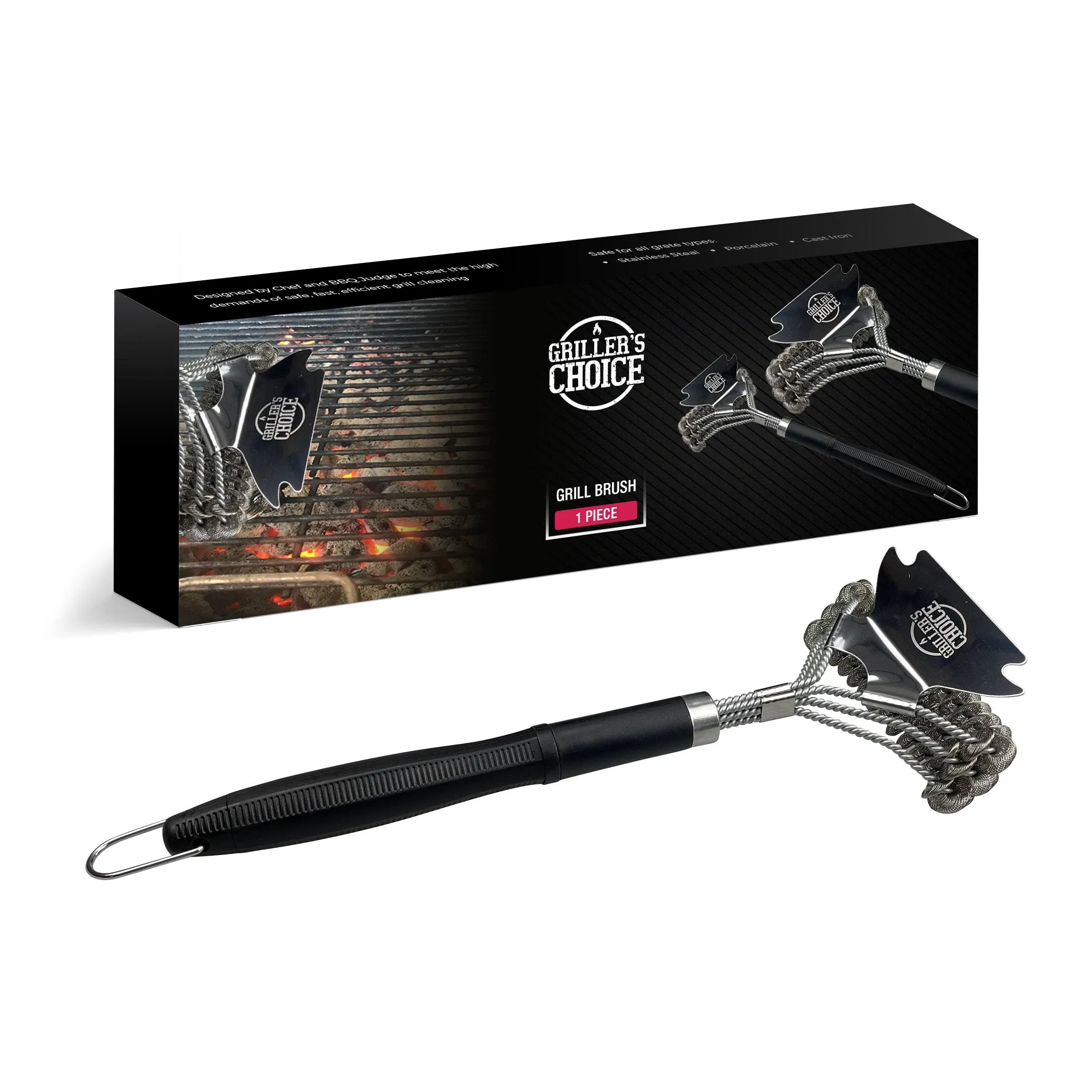 Griller's Choice 3 Headed Double Helix Coils with Scraper, Bristle Free, 18" Long Handle, All Grill Types.