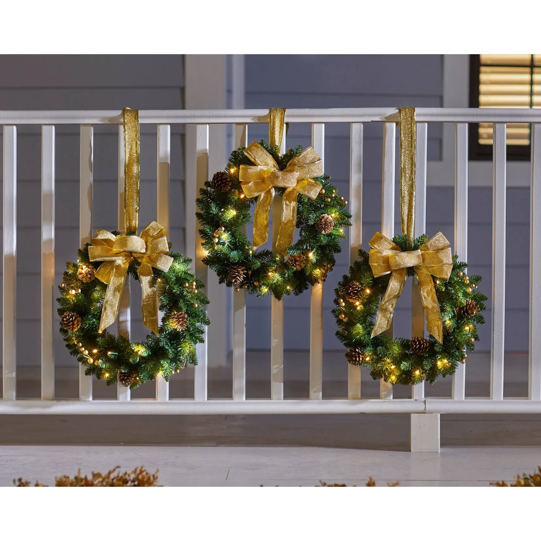 BrylaneHome Set of 3 Cordless Pre-Lit Mini Christmas Wreaths , Gold