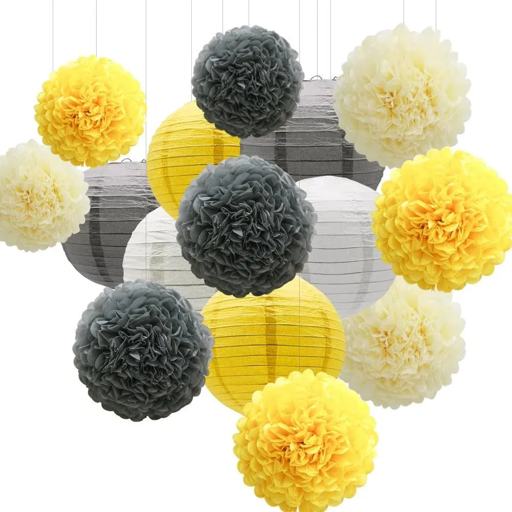 KAXIXI Hanging Party Decorations Set, 15pcs Yellow Gray White Paper Flowers Pom ...