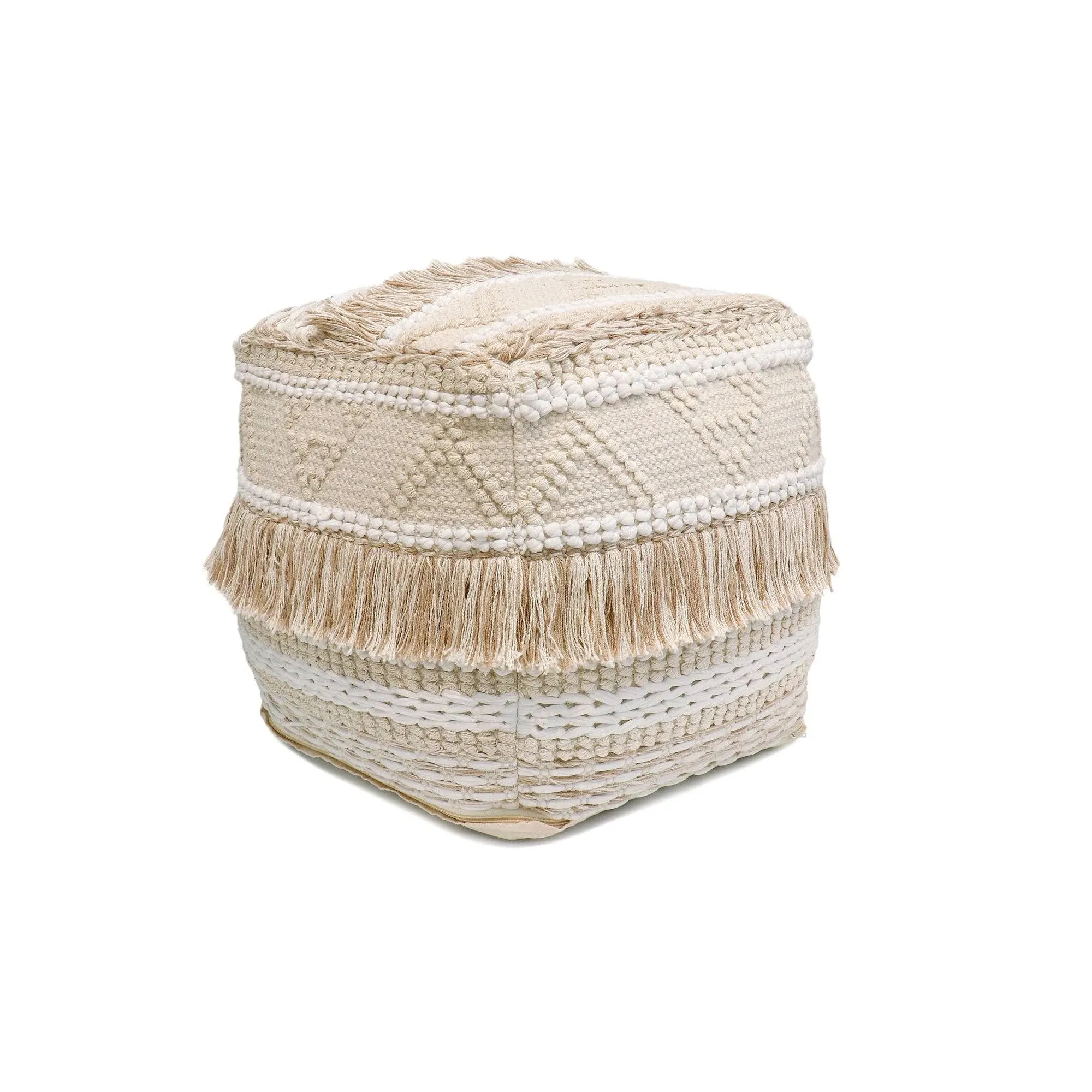 Canvello Home Grandcanyon Beige Cotton Pouf with Tassel