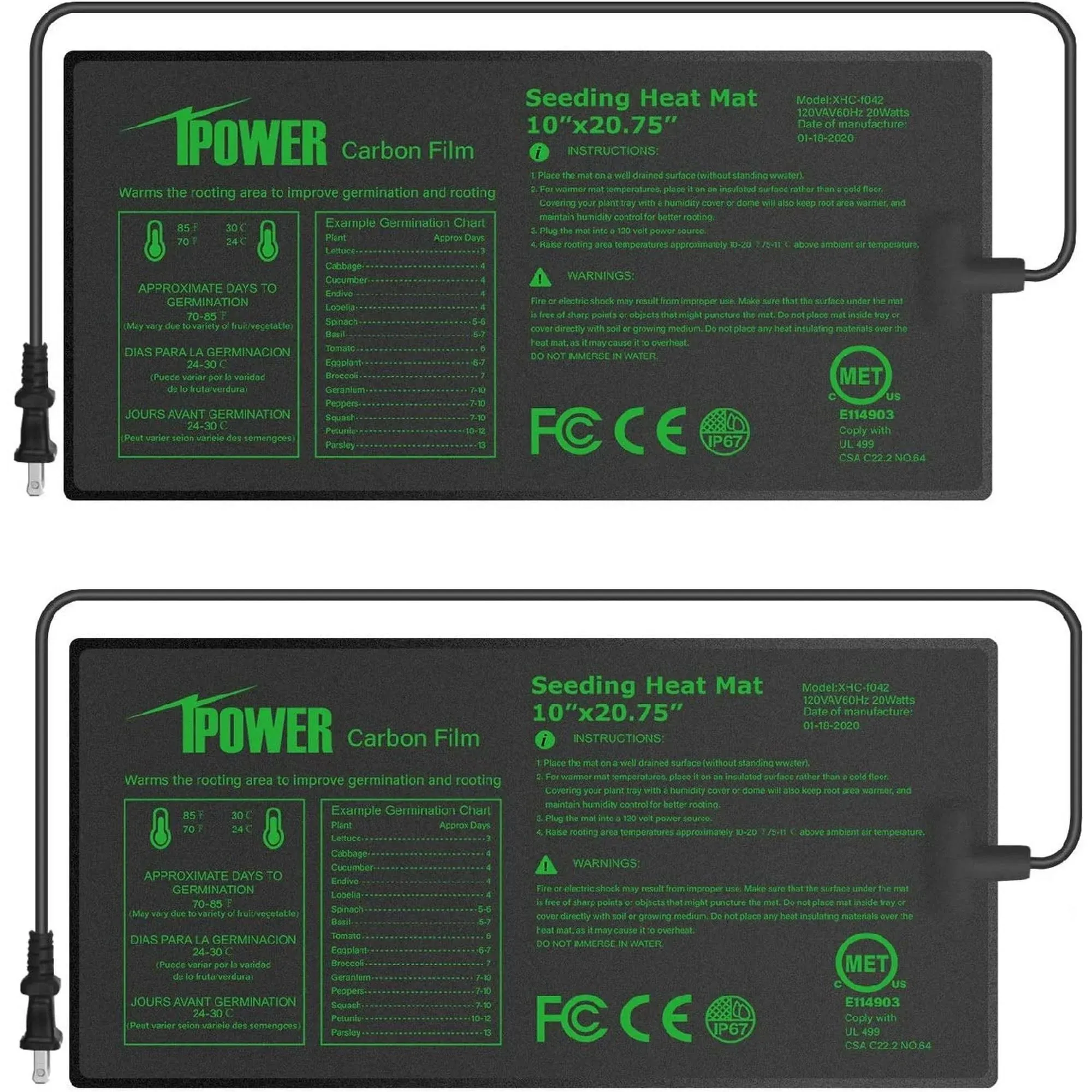 iPower GLHTMTPROSX2 10" x 20.75" Seedling Heat Mat 2-Pack Upgraded Carbon Film ...