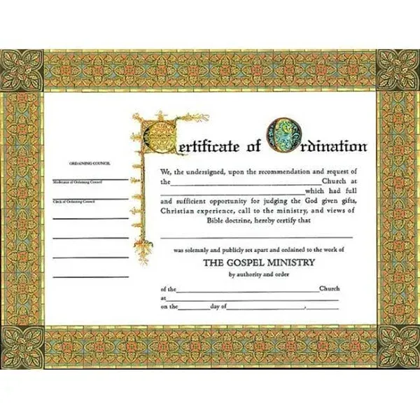 Certificate-Ordination-Minister (6 Pack)