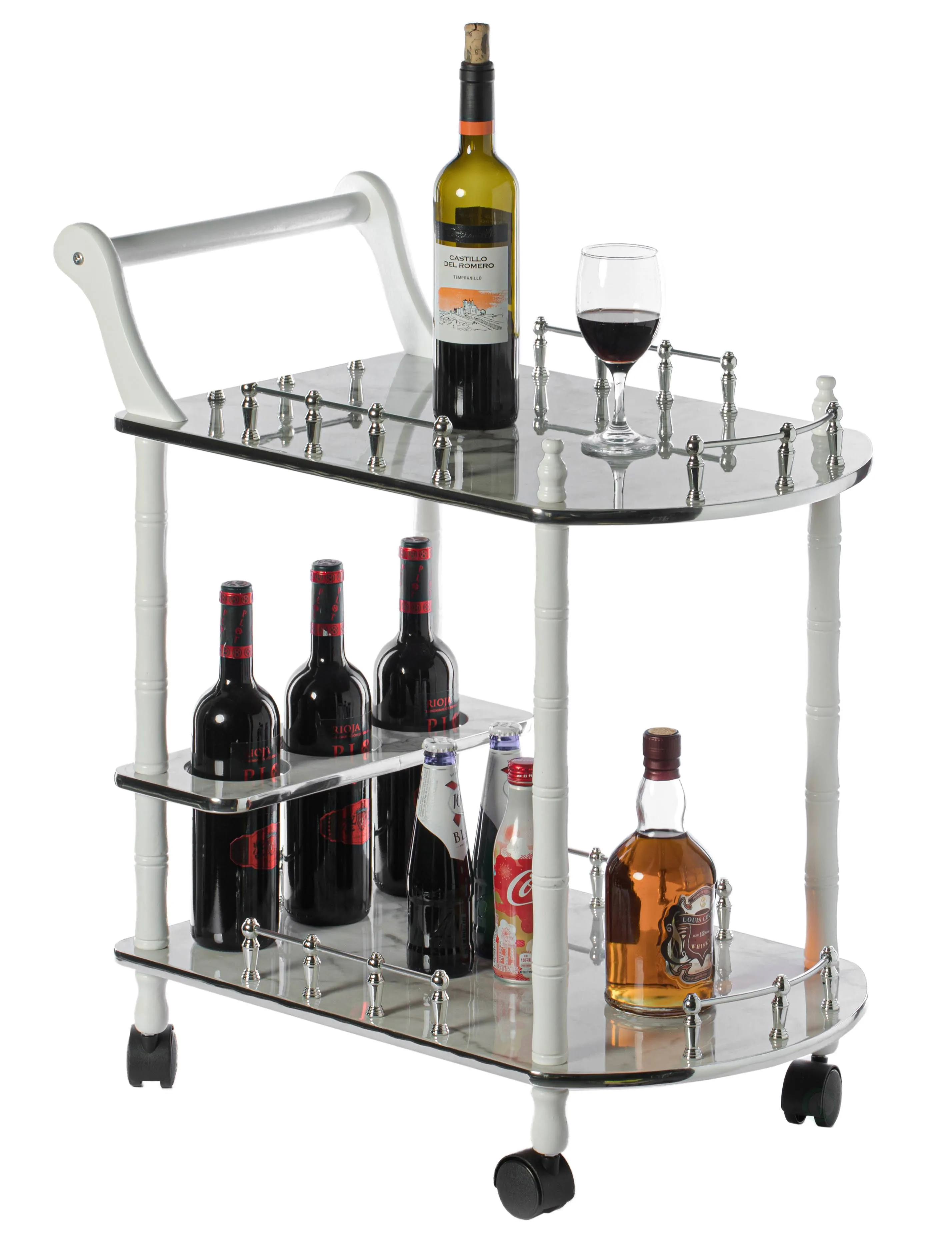 Wood Serving Bar Cart Tea Trolley With 2 Tier Shelves And Rolling Wheels