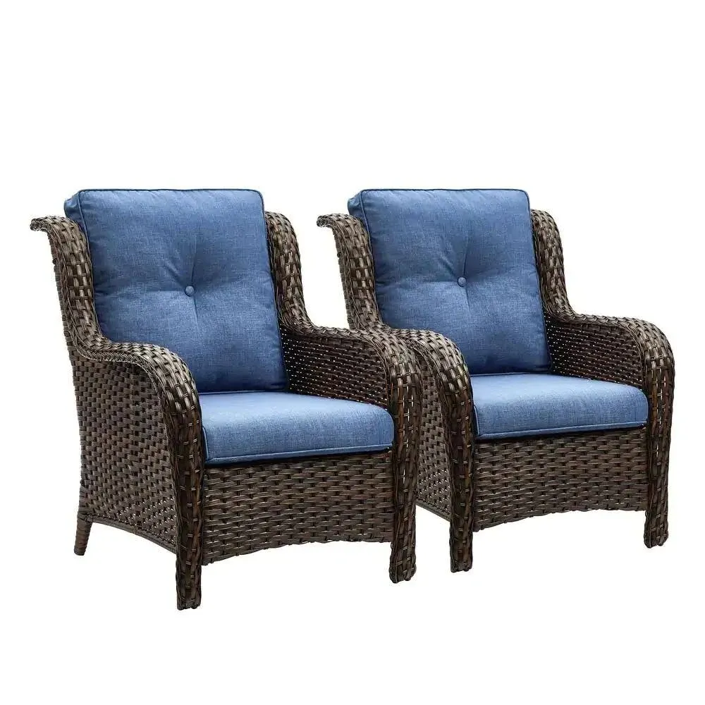 Outdoor Wicker Patio Chairs Set of 2: Rattan Dining Chairs Porch Chairs Outdoor Club Chairs with High Back and Deep Seating(Brown/Blue)