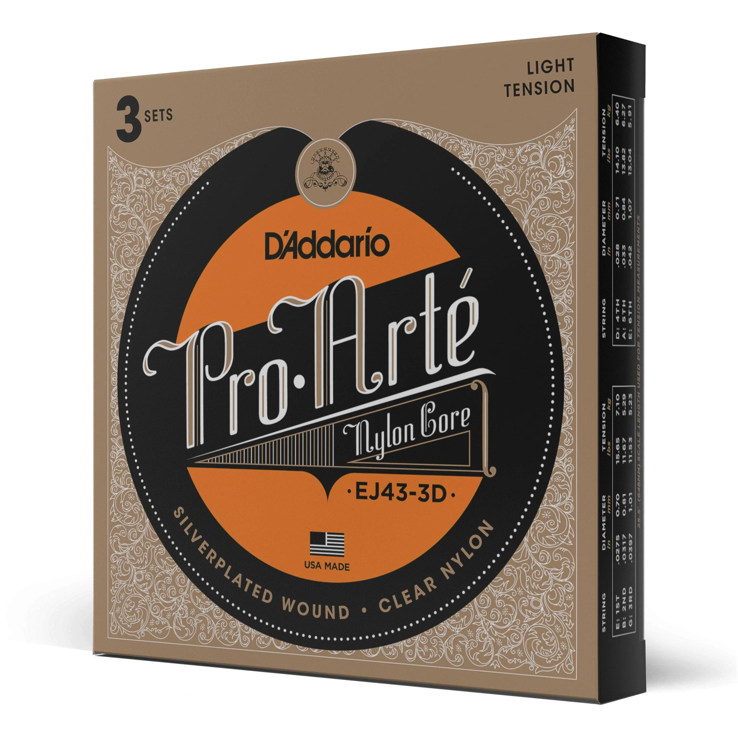 D'Addario EJ43 Pro-Arte Nylon Classical Guitar Strings, Light Tension (3)