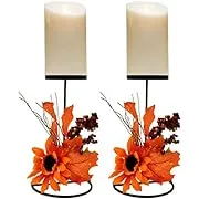 Thanksgiving Candle Holders for Table Centerpiece Set of 2 Fall Metal Pillar