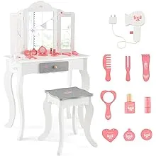 Kids Vanity Set with Tri-Folding Mirror-White | Costway