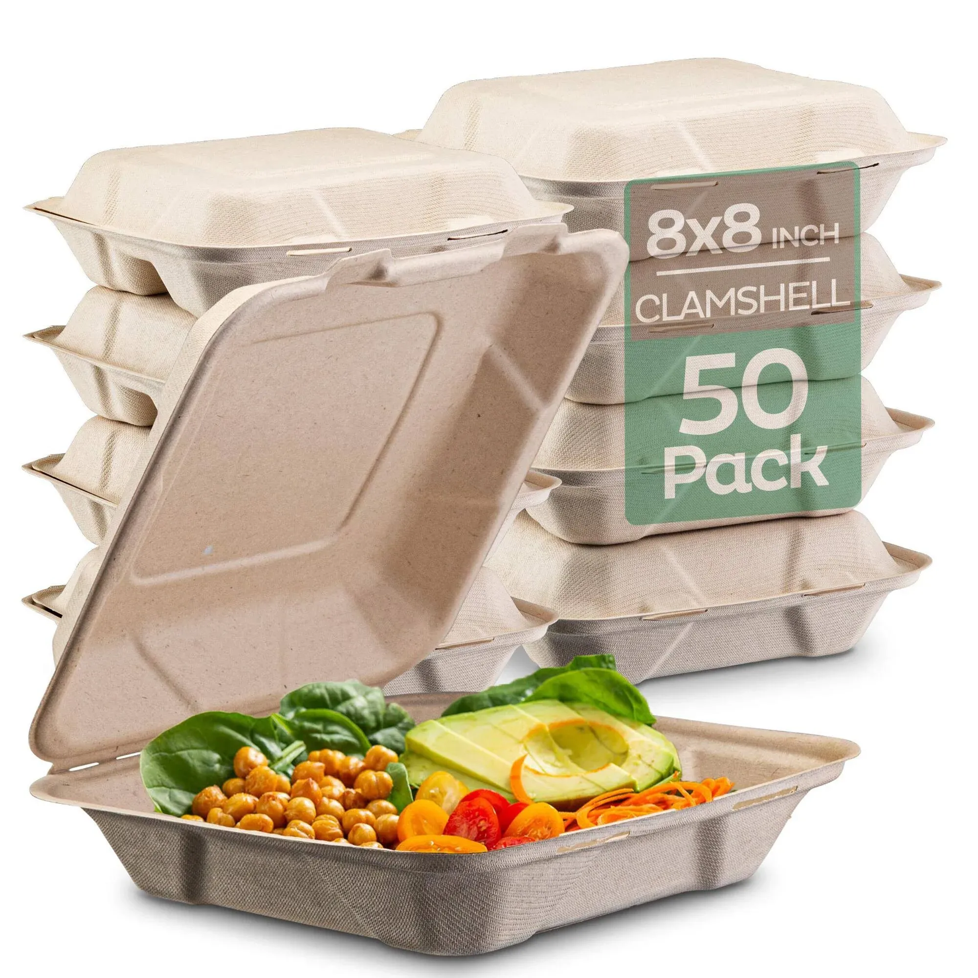 100% Compostable Clamshell Take Out Food Containers [8X8" 50-Pack] Heavy-Duty Quality to go Containers, Natural Disposable Bagasse, Eco-Friendly Biodegradable Made of Sugar Cane Fibers