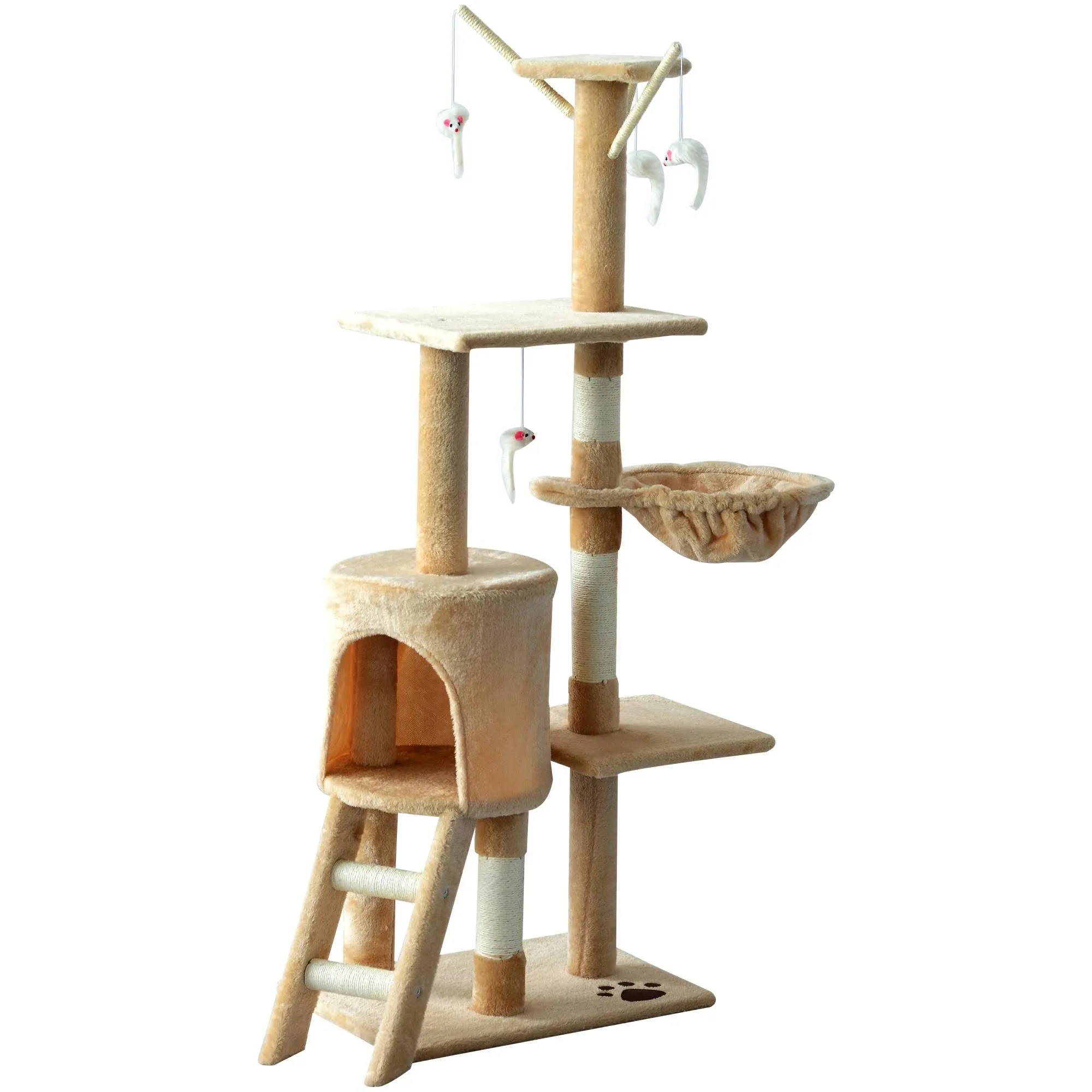 PawHut 53" Plush Sturdy Interactive Cat Condo Tower Scratching Post Activity Tree House