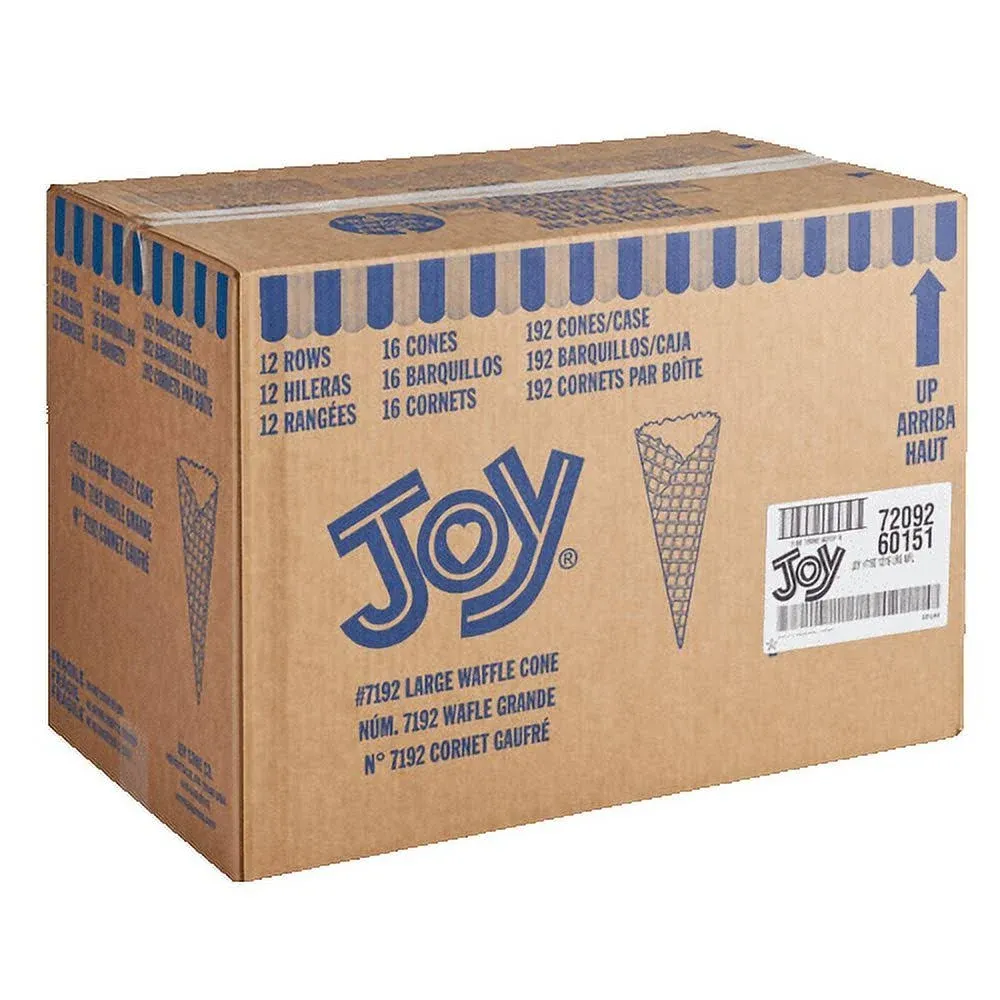 Joy 7192 Large Ice Cream Waffle Cones - Crispy & Golden Dessert Cones for Generous Scoops 192 Case