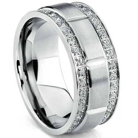 Men s Titanium Wedding Band Ring Simulated Diamond with Double Row Cubic Zirconia Comfort Fit Sizes 9MM 15