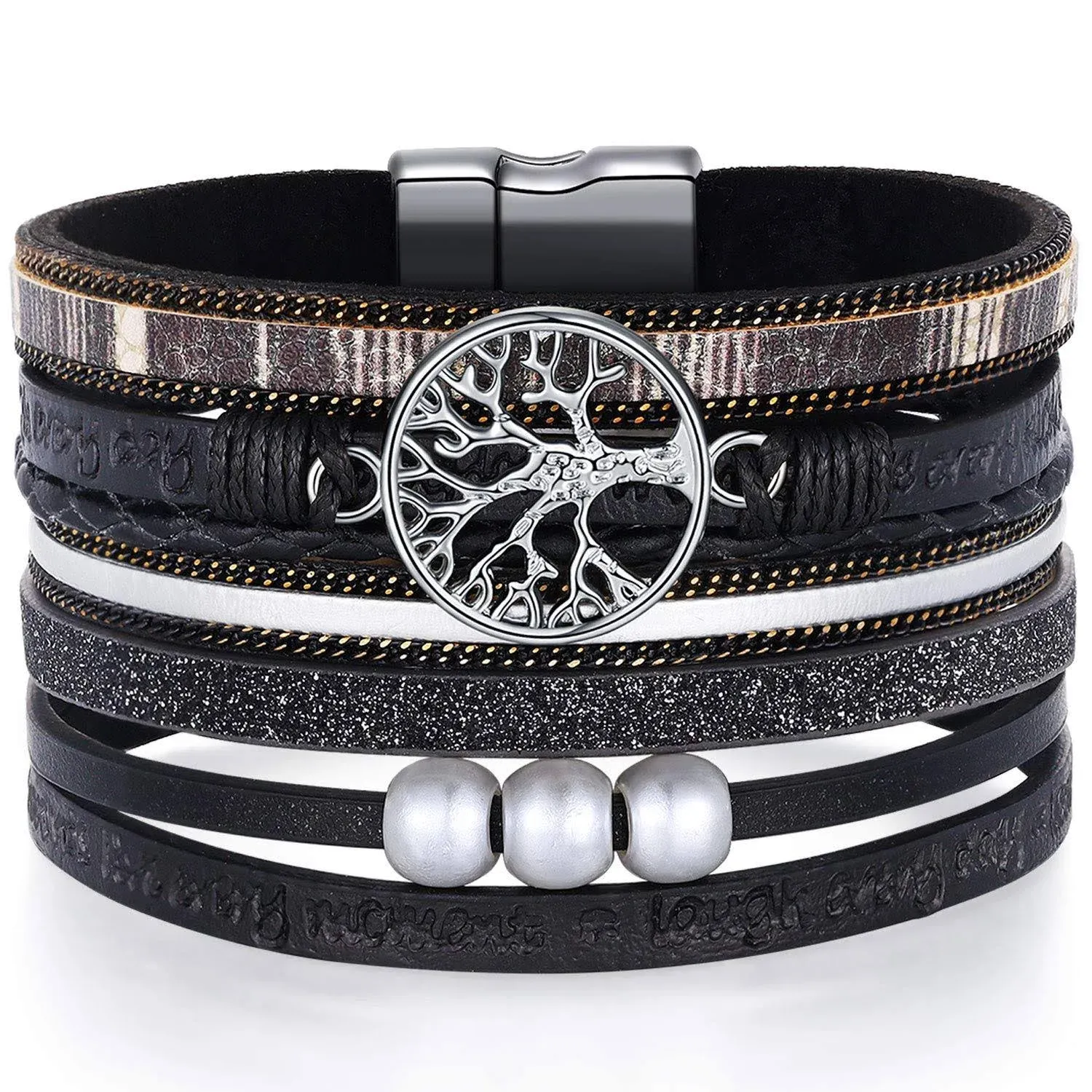 Desimtion Black Wrap Leather Bracelets for Women Boho Layered Stacking Wide ...