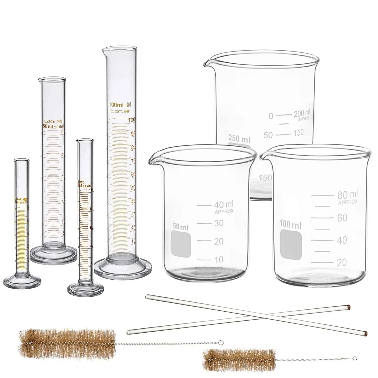 Bomex Thick Glass Graduated Measuring Cylinder Set 5ml 10ml 50ml 100ml Glass Measuring Beaker Set 50ml 100ml 250ml with 2 Glass Stirring Rods 12 Long