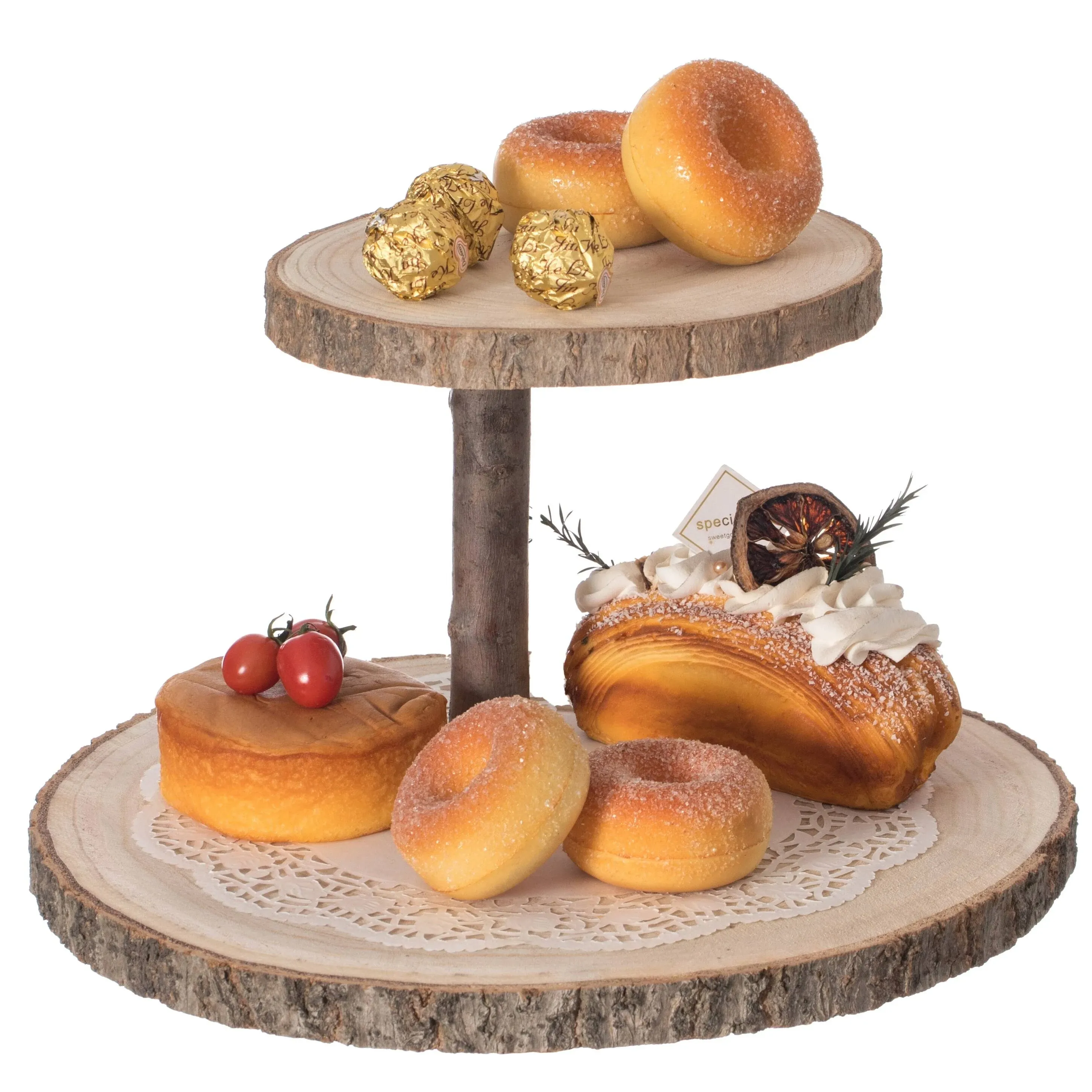 Two Tier Natural Wood Color Tree Bark Server Tray with Rustic Appeal, Two Sizes Trays