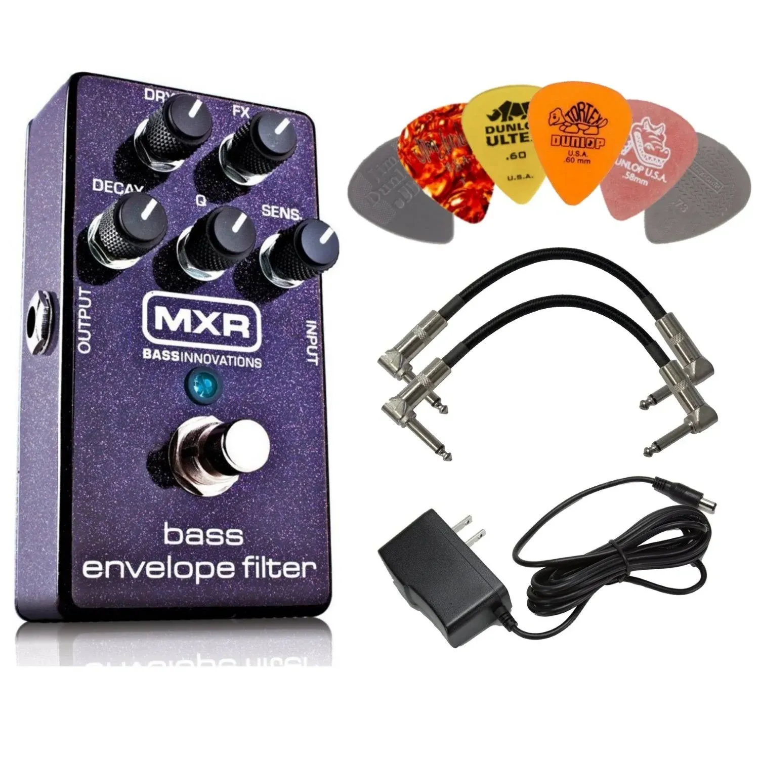 MXR M82 Bass Envelope Filter Effects Pedal BUNDLE with AC/DC Adapter Power Supply for 9 Volt DC 1000mA, 2 Metal-Ended Guitar Patch Cables AND 6 Dunlop Guitar Picks