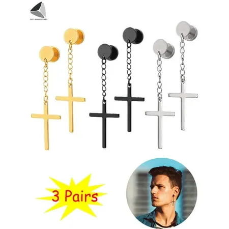 Sixtyshades 3 Pairs Stainless Steel Cross Earrings Vintage Circle Screw Stud Hinged Dangle Cross Earring for Men Women (3 Colors)