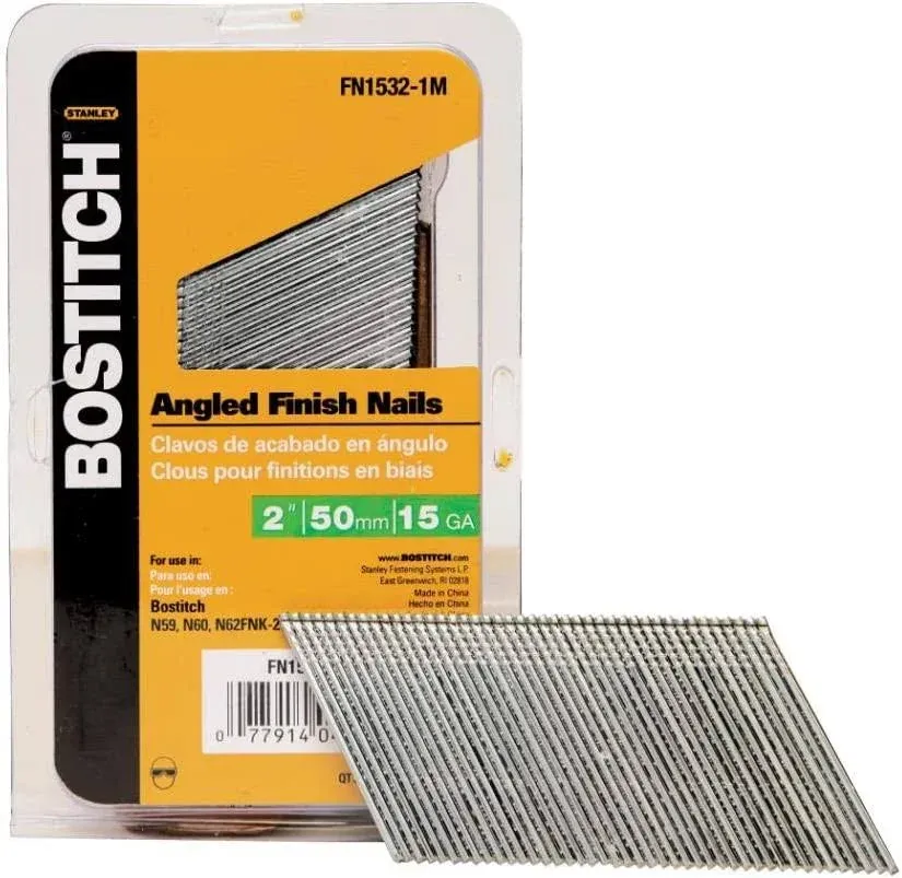 Bostitch Finish Nails, FN Style, Angled, 15GA, 2-Inch, Indoor Use, 1000-Pack (fn1532-1m) (Package May Vary)