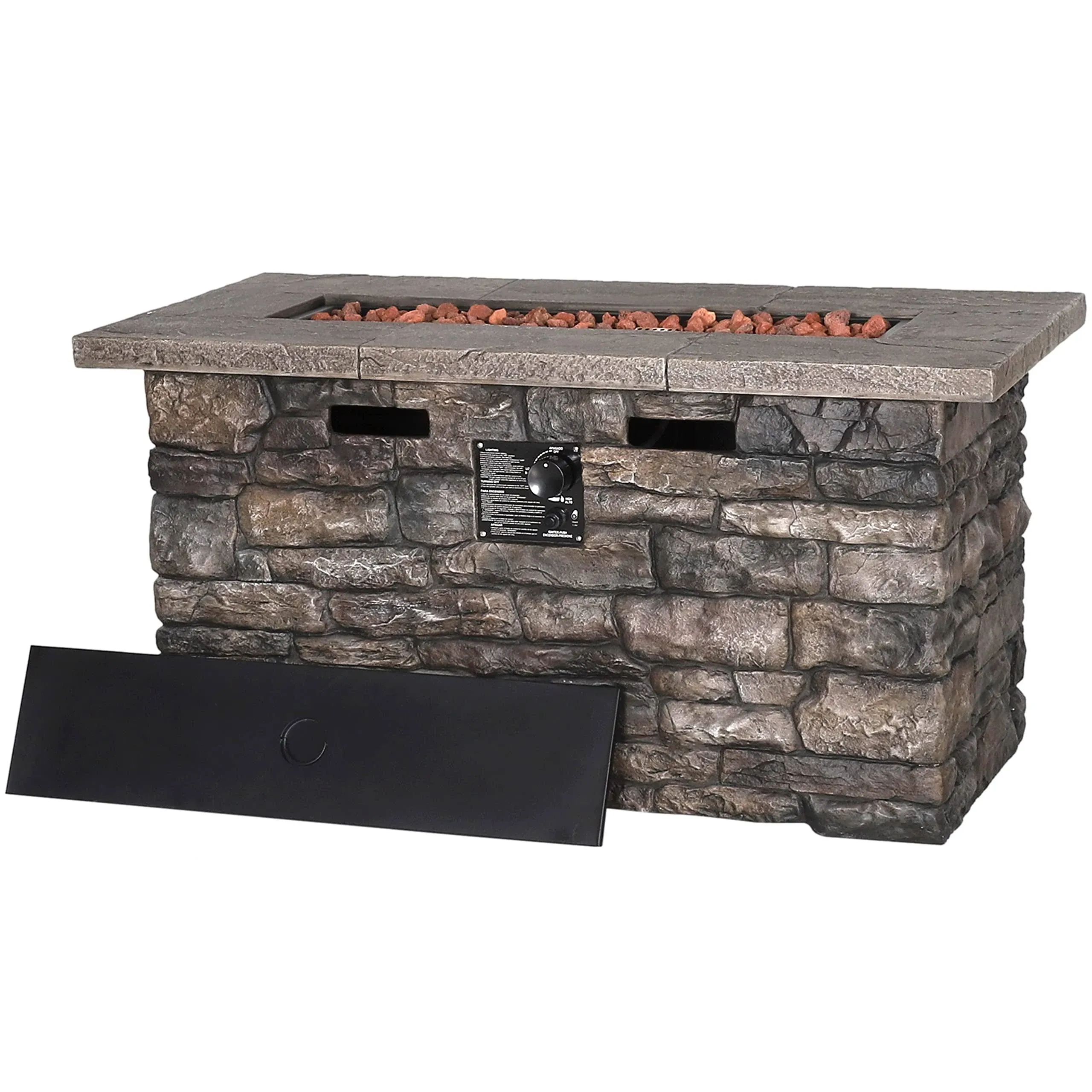 VEIKOUS 46'' Outdoor Rectangle Propane GAS Fire Pit Table with Lid, Cover, Free Lava Rocks and Stone Finish Design, 50000 BTU Stainless Steel Burner