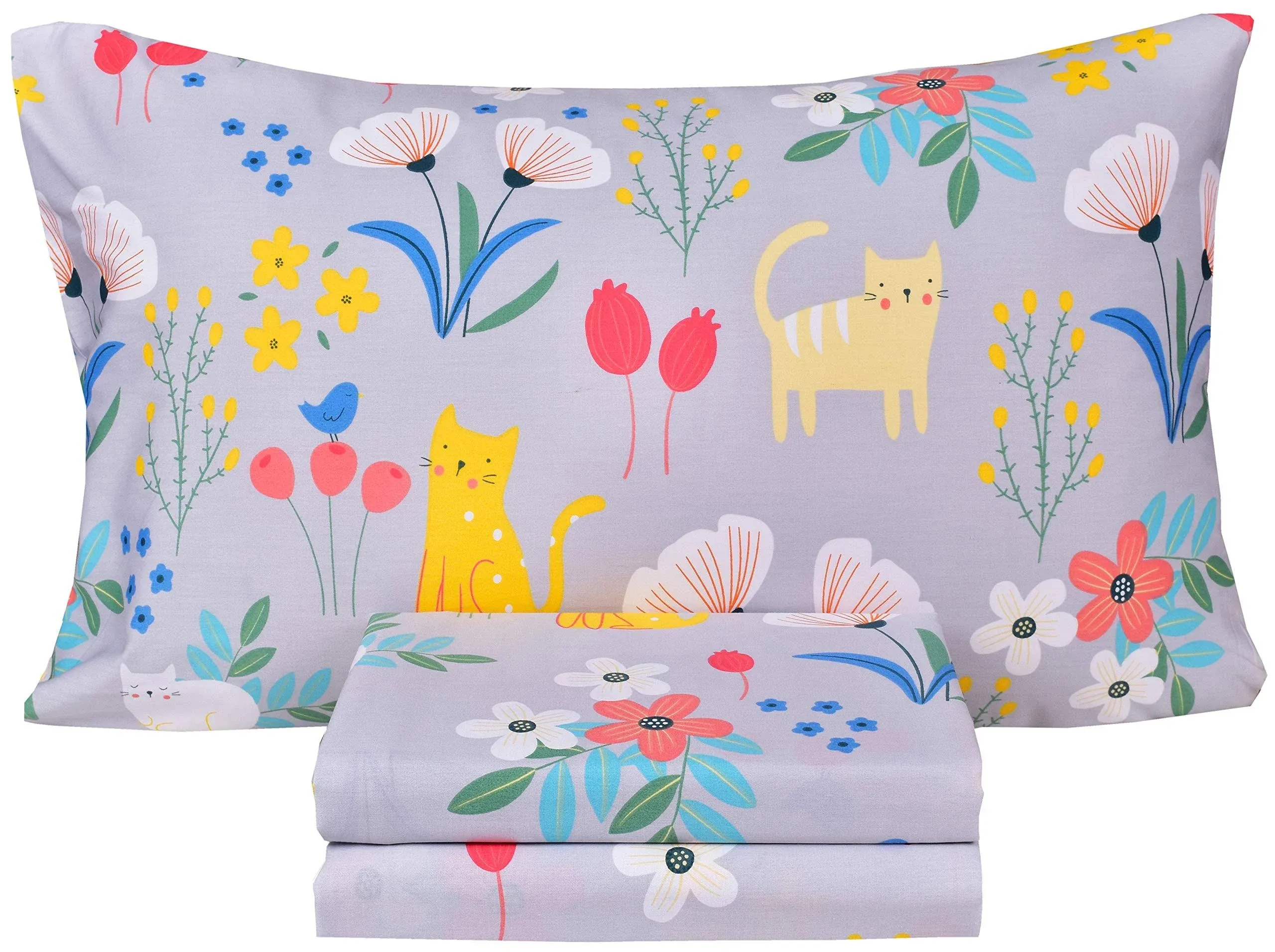 Scientific Sleep Kitty Cats Flowers Girls Kids Toddler Teens 100% Cotton Twin Bed Sheet Set, Flat Sheet & Fitted Sheet & Pillowcase Bedding Set (Cats Flower, Twin)