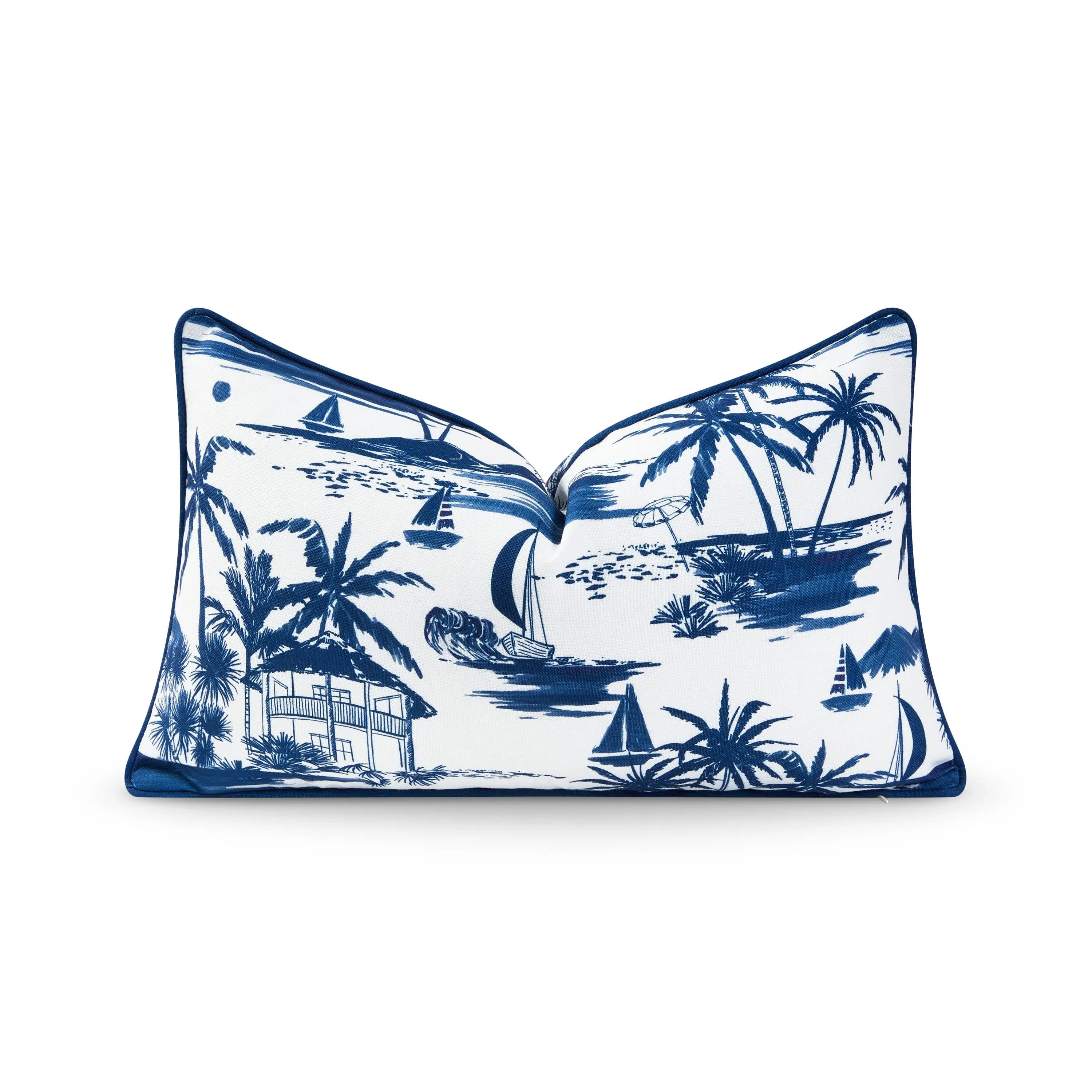 Coastal Hampton Style Indoor Outdoor Lumbar Pillow Cover, Beach Scene, Navy Blue, 12"x20"