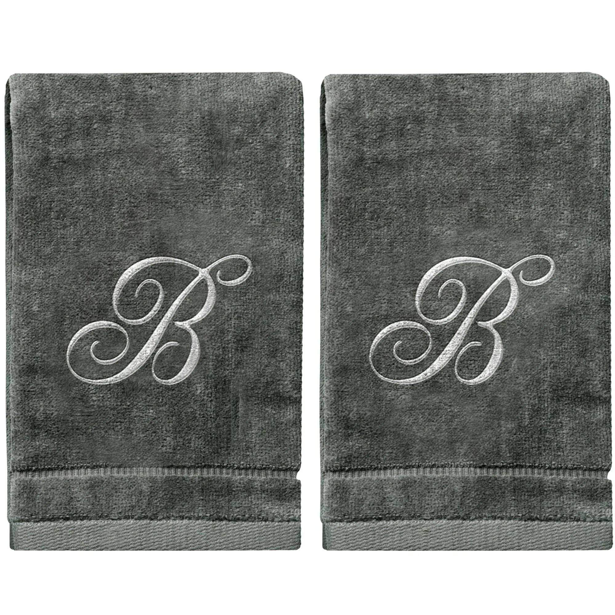 Monogrammed Towels Fingertip, Personalized Gift, 11 x 18 Inches - Set of 2- Silver Embroidered Towel - Extra Absorbent 100% Cotton- Soft Velour Finish - For Bathroom/ Kitchen/ Spa- Initial B (Gray)