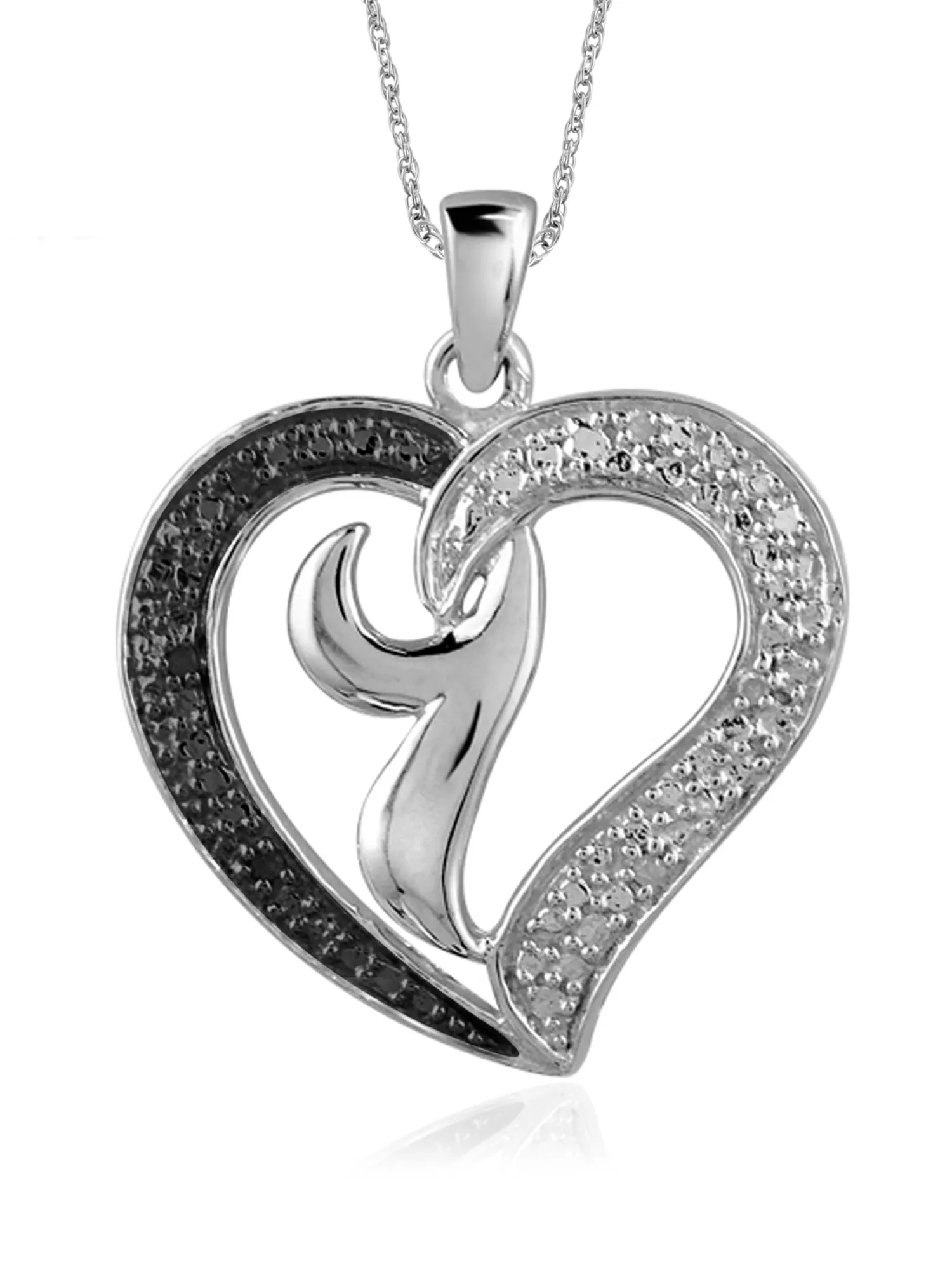 JewelersClub Sterling Silver (.925) Heart Necklace with Black & White Diamond Accent | Jewelry Pendant Necklaces for Women with Round Black & White Diamonds & 18 inch Rope Chain with Spring Clasp