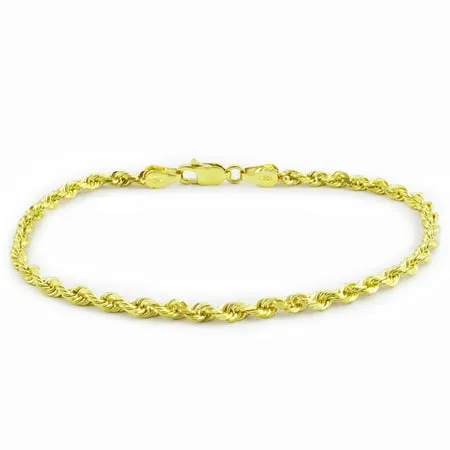 Nuragold 10k Yellow Gold 2mm Solid Rope Chain Diamond Cut Bracelet or Anklet Womens Mens Lobster Clasp 7 7.5 8 8.5 9