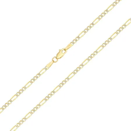 Nuragold 14k Yellow Gold Solid 2.5mm Figaro Chain Link Diamond Cut Pave Two Tone Bracelet or Anklet Womens Jewelry 7 7.5 8 8.5 9