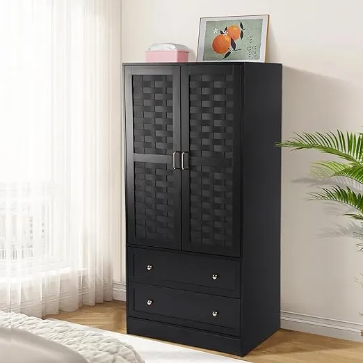 LEVNARY Armoire Wardrobe Closet with 2 Woven Doors, Wardrobe Cabinet with 2 Storage Drawers and Hanging Rail, Freestanding Wooden Closet for Bedroom (Black)