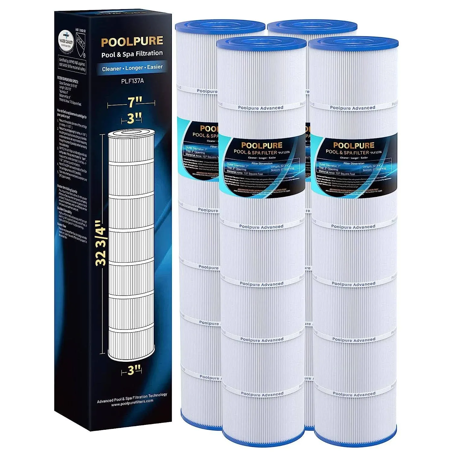 POOLPURE PLF137A Pool Filter Replaces PA137, Unicel C-7490, Filbur FC-1297,FC-6455, Hayward CX1380-RE, C-5500, C5520, SD-00368, APCC7251, 17-175-1339, 137 Sq.ft, Length: 32 3/4", 4PACK