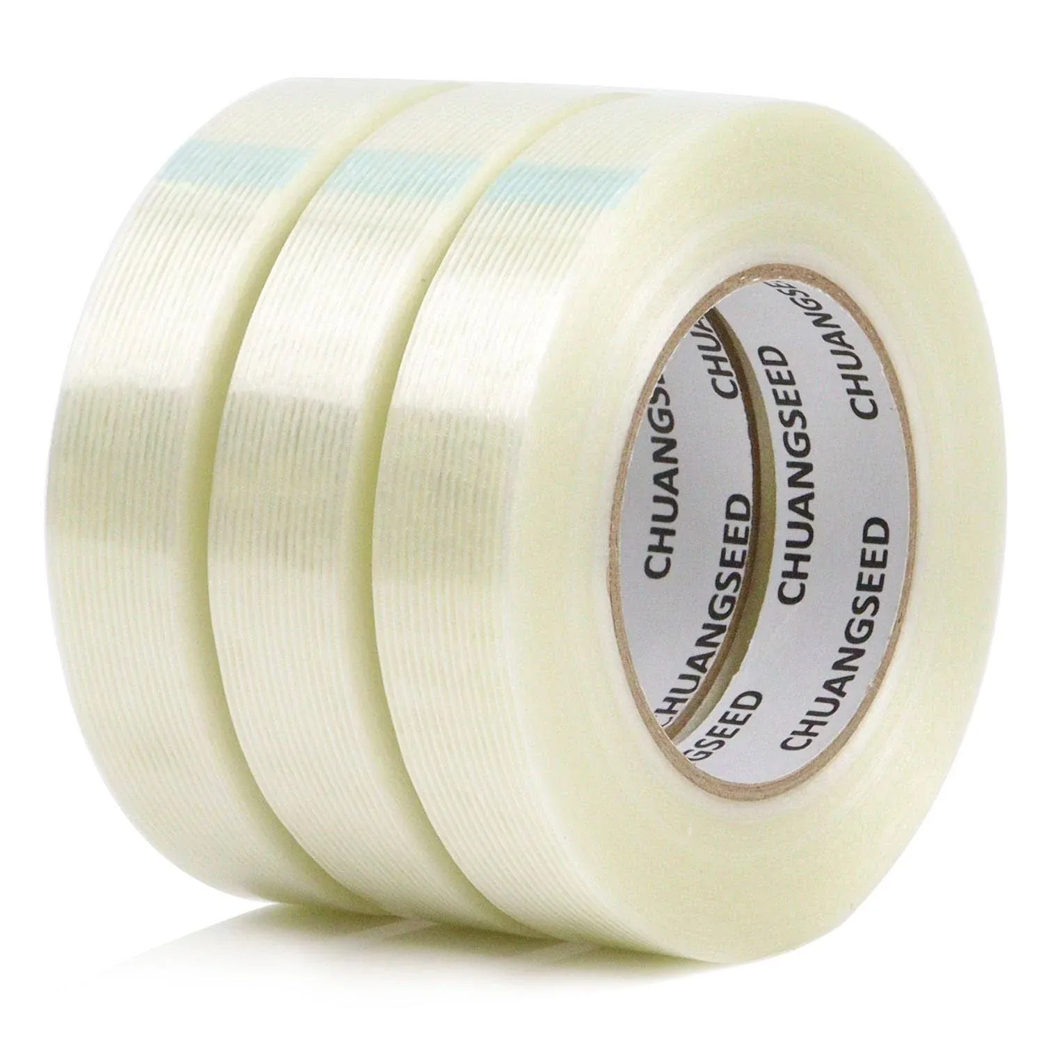 CHUANGSEED 3Pack Mono Filament Strapping Tape 6.2mil x 1inch x 60yds Commodity Grade Heavy Duty Transparent Reinforced Fiberglass Tape