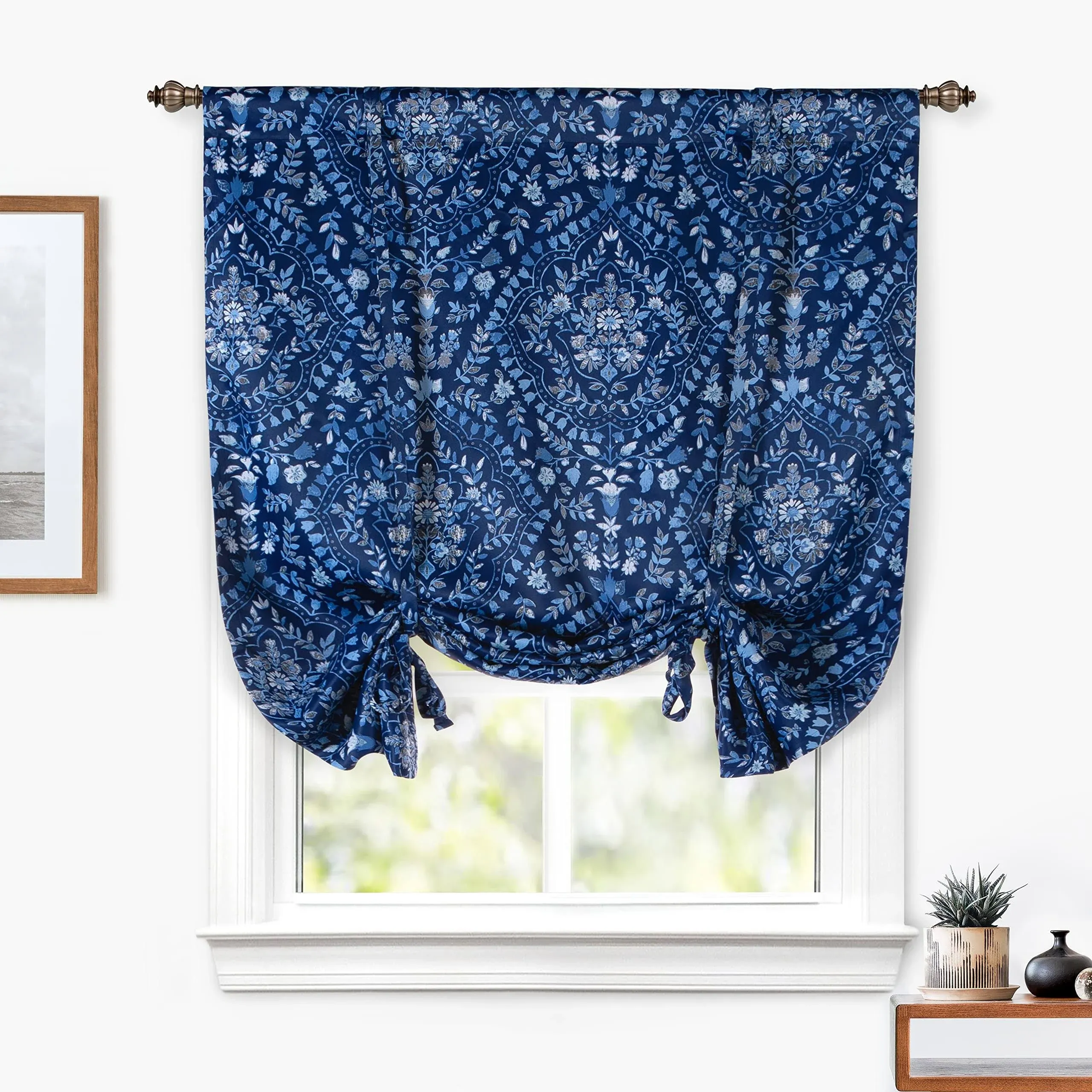 Driftaway Fleur Floral Damask Medallion Printed Pattern Blackout Tie Up Curtain for Kitchen Thermal Insulated Tie Up Shade for Bedroom Adjustable