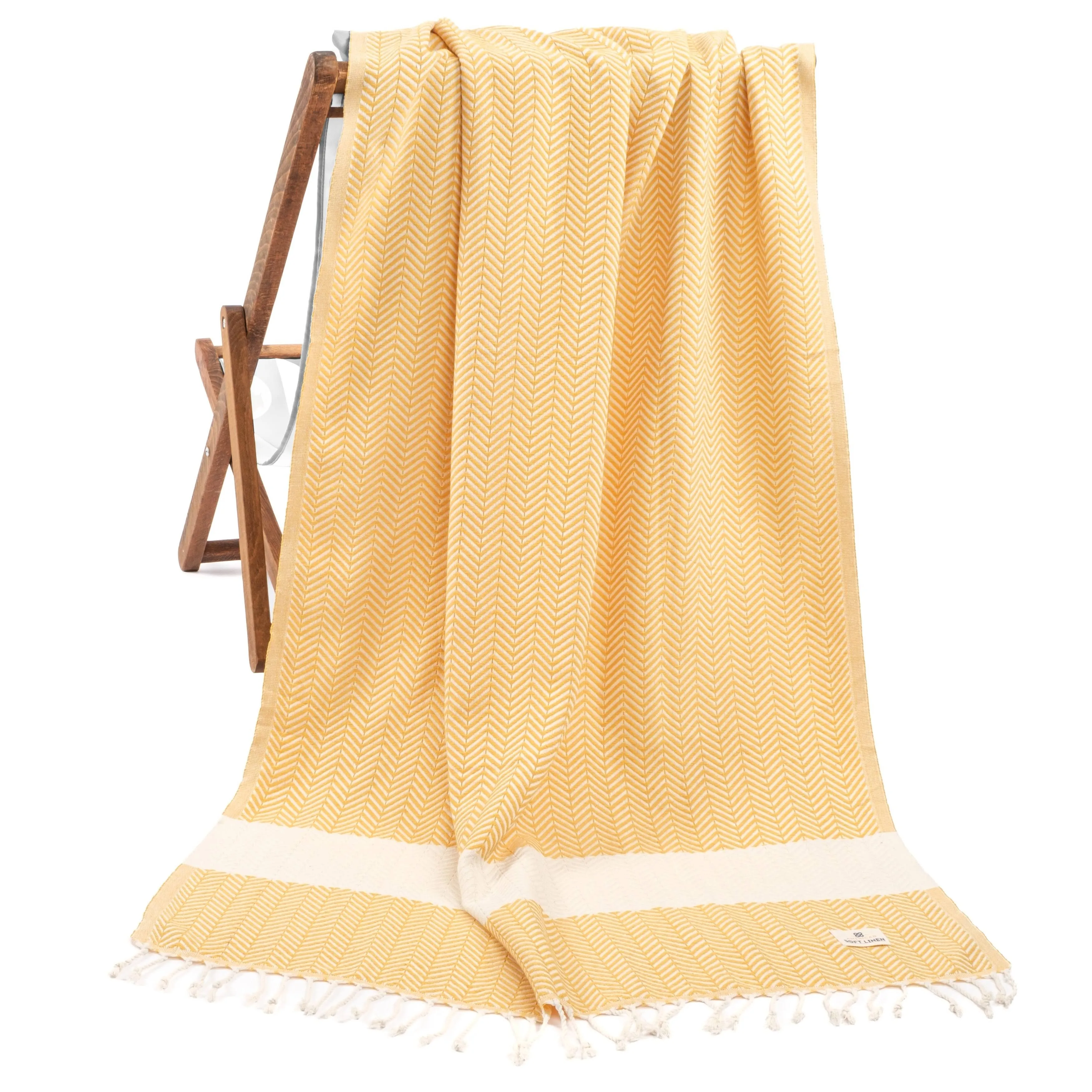 American Soft Linen 100% Cotton Turkish Peshtemal Beach Pool Towels, 40" x 70", Yellow.