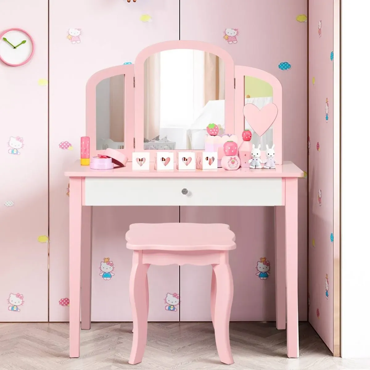 Costway Kids Princess Table and Tri-folding Mirror and