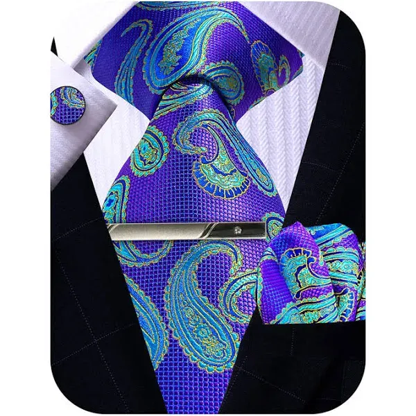 Mens Tie Pocket Square Cufflinks Tie Bar Set, Silk Woven Necktie with Hanky Clip