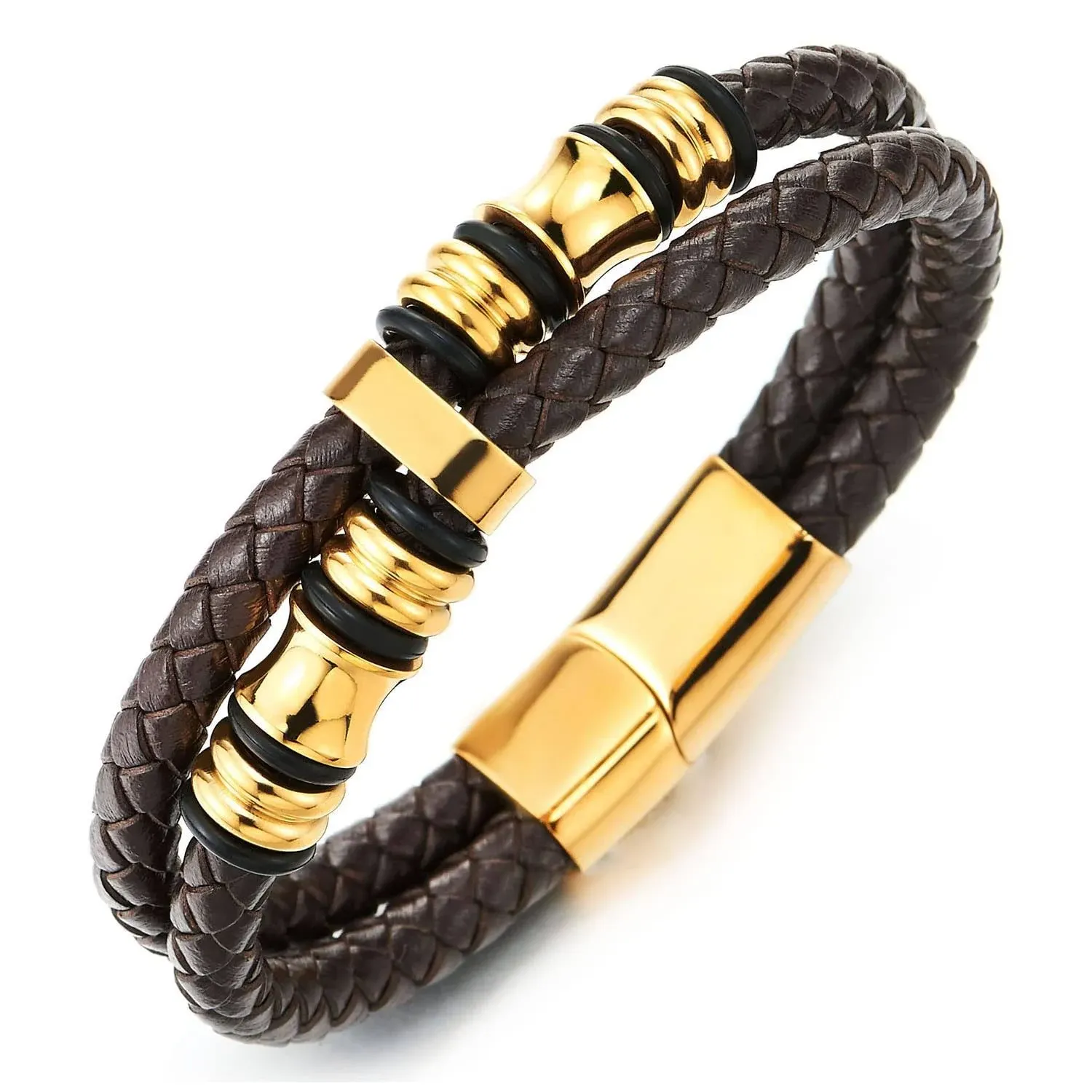 Mens Double-Row Brown Braided Leather Bracelet Bangle Wristband, Gold Color Steel ...