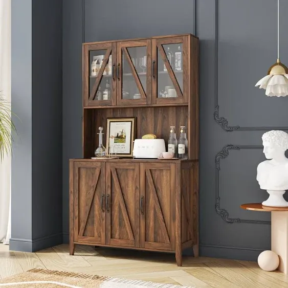 Large Kitchen Pantry Storage Cabinet With Glass Doors, Drawers Open Shelves ...